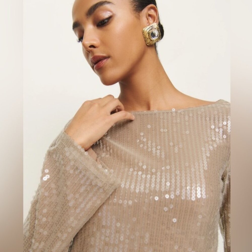 NWT Reformation Sereia Mini Dress in Champagne Sequin Long Sleeve | size S - Picture 3 of 13